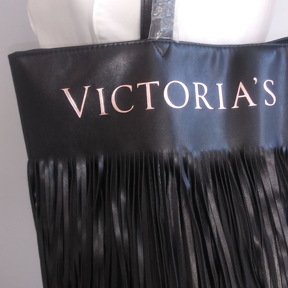 NWT $58 Victoria Secret black fringe large tote - Picture 4 of 16
